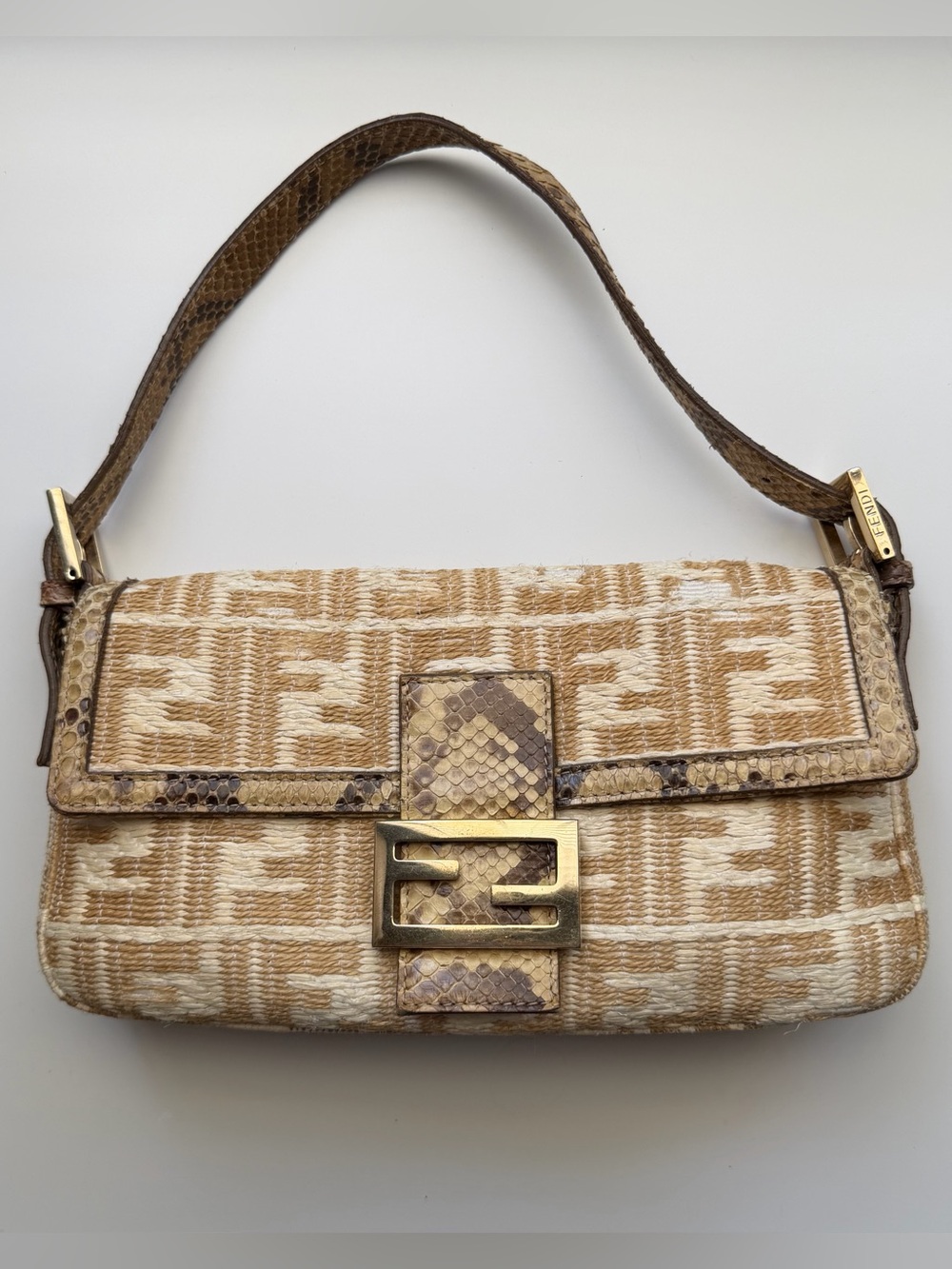 RARE Fendi Zucca Raffia & Python Snakeskin Baguette Shoulder Bag